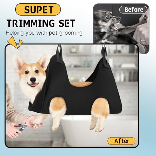 Image of Supet Dog Grooming Hammock Harness for Dogs Cats, Relaxation Pet Nail Clipper Hammock, Restraint Dog & Small Animal Leashes Sling for Groomingk for Nail Trimming (Black, XS)