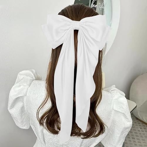 Large Hair Bow Clips For Women Girls Silky Satin Hair Barrettes With Long Ribbon Tail White Hair Bows Slides Wedding Hair Accessories For Women Girls #TOP1