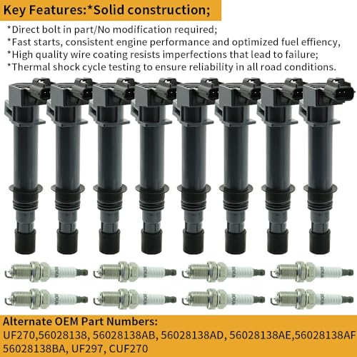 Image of Set of 8 UF270 Ignition Coil with Iridium Spark Plug Compatible with 2000 2001 2002 2003 2004 2005 2006 2007 Dodge Durango Ram Jeep Mitsubishi Grand Cherokee Commander Nitro Dakota 3.7L E593C, E509D
