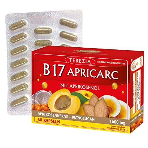 TEREZIA Apricarc Vitamin B17 I 1600mg Aprikosenöl Extrakt aus Aprikosenkerne Amigdalin I 100% natürlich - enthaltet Austernpilz, Reishi und Sanddorn I Bittere Aprikosenkerne Naturbelassen 60 Kapseln Cover