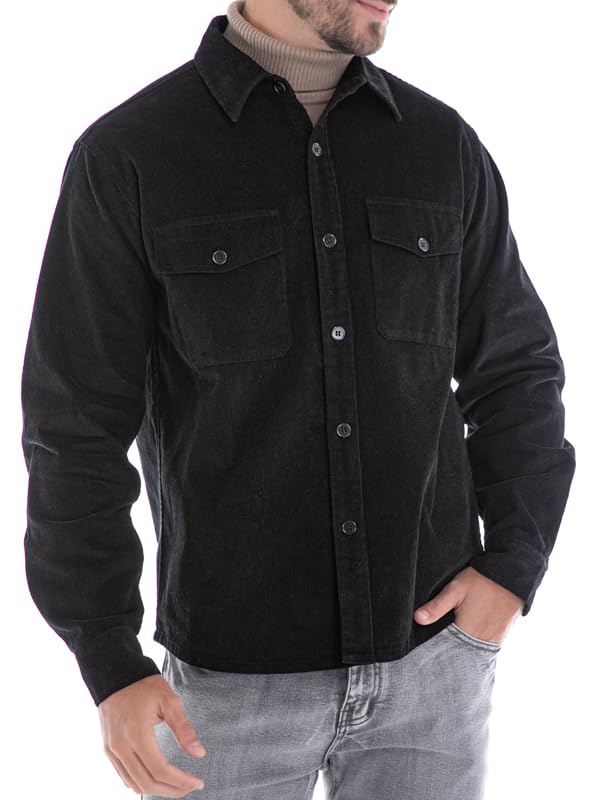 Image of Men's Corduroy Jacket Lightweight Shacket Long Sleeve Shirts Casual Vintage Black M
