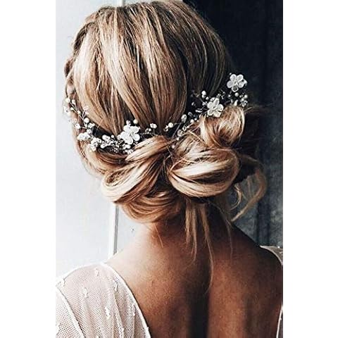 BERYUAN Women White Flower Headband Silver Leaf Hair Vine Crystal Headpiece Wedding Hair Accessory Gift for Her Rhinestone Party Hair Piece for Bride Bridesmaid Girls(Silver) Cover