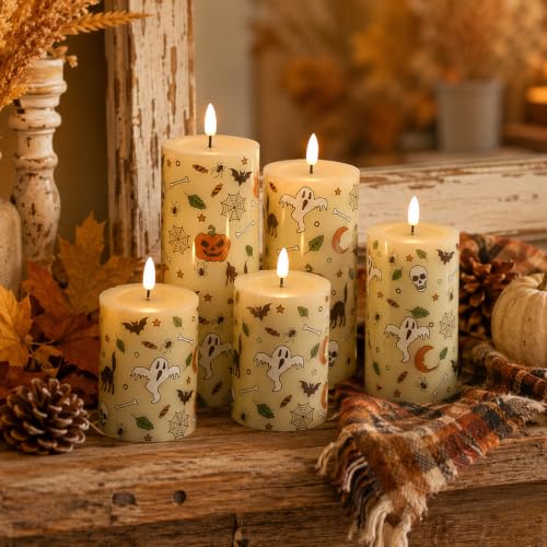 Image of Lezonic Ivory Flameless Candles with Remote, LED Battery Operated Flickering with Timer, 4 Pack Glossy Wax Drips Design Real Wax Pillar for Halloween Decor, Centerpiece, Birthday Gifts (4 /5 /6 /8 Inch)