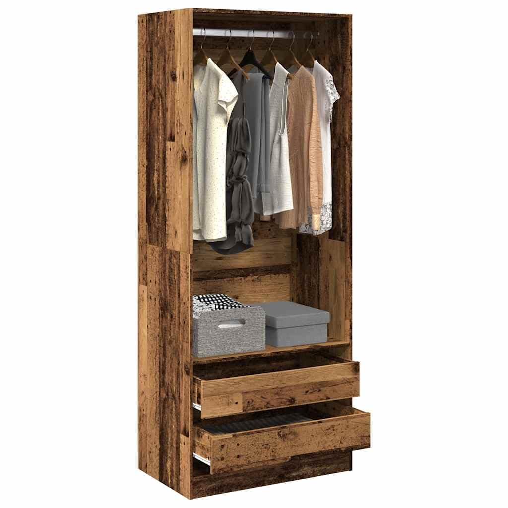 Kleiderschrank Altholz-Optik 80x50x200 cm Holzwerkstoff mit Kleiderstange, Fach und 2 Schubladen, Drehtürenschrank für Schlafzimmer, Flur und Ankleidezimmer, Stauraum