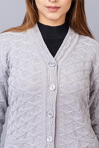 Image of Women Woolen V Neck Casual Wear Stylish Cardigan Sweaters for Winter with Front Pockets