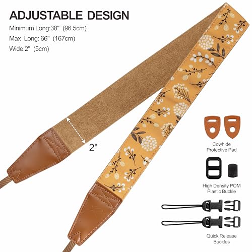 Image of Padwa Lifestyle Camera Strap - 2 inch Full Grain Leather Ends Camera Straps for Photographers, Vintage Embroidered Cotton Weave Soft Suede Fabric Padded Strap Quick Release fits All Cameras