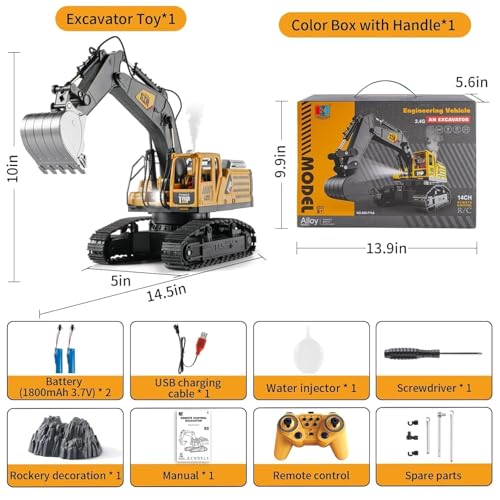 Image of Remote Control Excavator Toys for Boys,14 Channel 1:14 Rc Digger Construction Toys Tractor,Simulated Smoke, Sound, Lighting, Metal Digging Head, for Boys 3 4 5 6 7 8 9 10