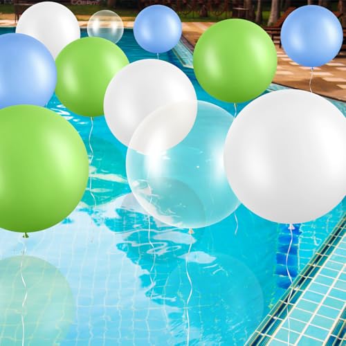 Image of Gejoy 24 Pcs Pool Giant Balloons 36 /24 /18 Inch Jumbo Large Big Latex Balloons Bulk with Ribbon for Pool Decorations Garland Arch Wedding Birthday Supply, Needs to Be Filled with Helium(Green,White)