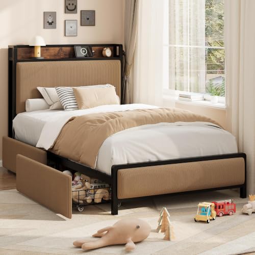Image of GAOMON Twin XL Bed Frame with 2 Drawers and Charging Station, Brown