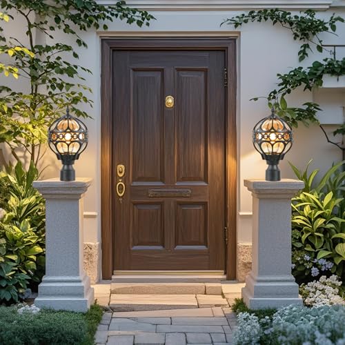 Soccer Ball Outdoor Post Light for Lawn Porch Yard Driveway, Black Globe Outside Pier Mount Post Light Fixtures, Waterproof Sphere Lamp Post Light, Exterior Pole Mount Light(Large,2 Pack)