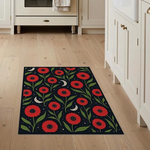 ODIKA 3'x5' Charcoal Red Poppy Phase Elegance Washable Throw Rug