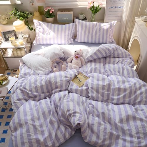Image of LifeTB Striped Comforter Set Queen, Vintage Purple White Stripes Pattern Printed Bedding Set, Lightweight Soft Striped Bed Comforter with 2 Pillowcases, Farmhouse 3 Piece Comforter Set for All Season