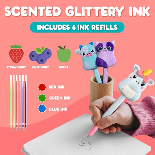 Image of BUNMO Plush Cute Pens 3-Pack - Squishy Animal Pens w /Scented Glitter Ink Refills - Cat, Cow, Unicorn - Fun Writing, Doodling & Journaling for Kids & Teens