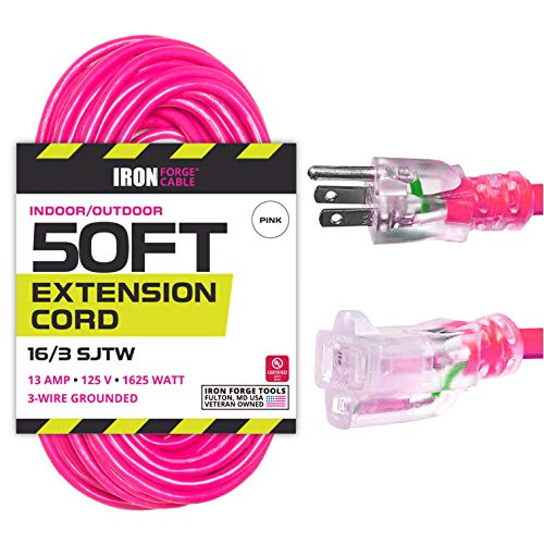 Cable de extensión para exteriores de 50 pies – 16/3 SJTW duradero cable rosa con enchufe de tierra de 3 puntas para mayor seguridad