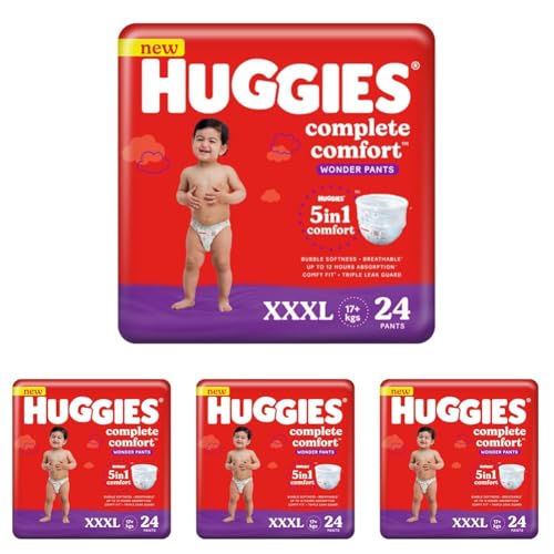 Image of Huggies Complete Comfort Wonder Pants Triple Extra Large (XXXL) Size (17 Kgs+) Baby Diaper Pants, 24 count|5 benefits in 1 diaper| Bubble Bed softness | Upto 12 hour overnight absorption (Pack of 4)