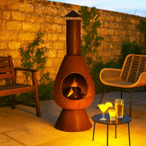 JSH Large Modern Outdoor Fire Chiminea | 110cm Tall Log Burner Patio & Garden Heater | Durable | Easy To Assemble Lightweight Wood Burner (Rust)