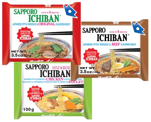 Image of Sapporo Japanese Ramen Variety Pack, 6 Traditional Authentic Flavors - Original, Beef, Chicken, Tonkotsu, Yakisoba, Miso - 4 Pack Per Flavor, Instant Ramen Noodle Sampler (24 Pack)