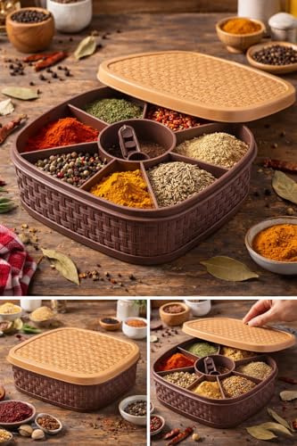 Image of Masala Box Set - 7 in 1 | BPA Free Plastic Spice Container | Multipurpose 7 Compartment Masala Rangoli Dabba | Kitchen Storage Organizer Box (19 cm, Brown)