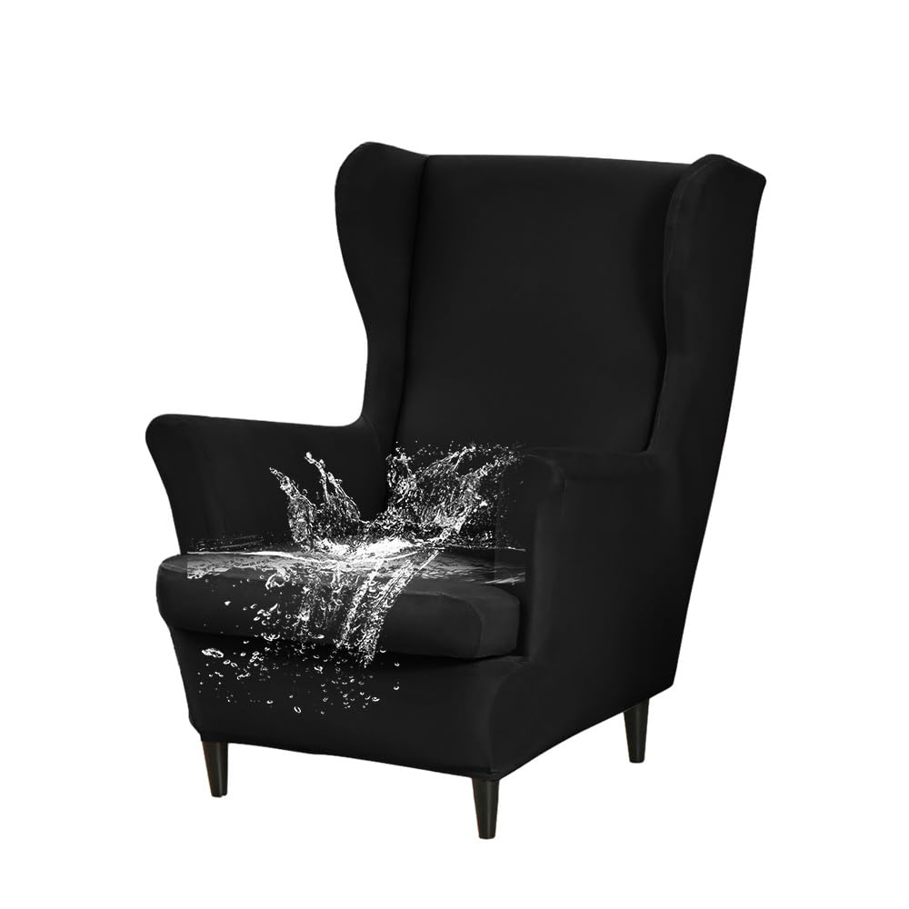 WJHDWYD Waterproof Wingback Chair Cover 2 Pieces Armchair Cover with T-Cushion Cover, Solid Color Stretch Armchair Cover, for Hotel Living Room Bedroom(Noir)