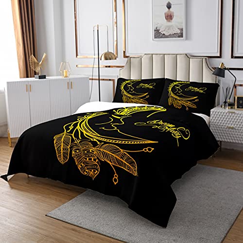 Böhmischer Traumfänger Tagesdecke 240x260cm Mond Traumfänger Dekor Steppdecke für Kinder Jungen Goldene Feder Bettüberwurf Galaxis Stammes Schwarz Wohndecke mit 2 Kissenbezügen 3St Cover