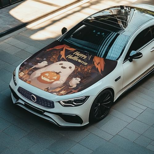 Image of Cute Ghost Car Hood Cover All Weather Protection Auto Exterior Accessories Universal Fit Hood Covers for Cars, Trucks, SUV, or Van Full Coverage Halloween Decor