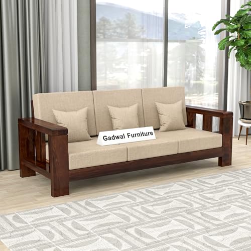 Image of Sheesham Wooden Sofa Set 3 Seater - Premium Wooden 3 Seater Sofa for Living Room with Comfortable Cushion - Solid Wood Sofa for Home & Office Furniture (Walnut, Haney 3 Seater)