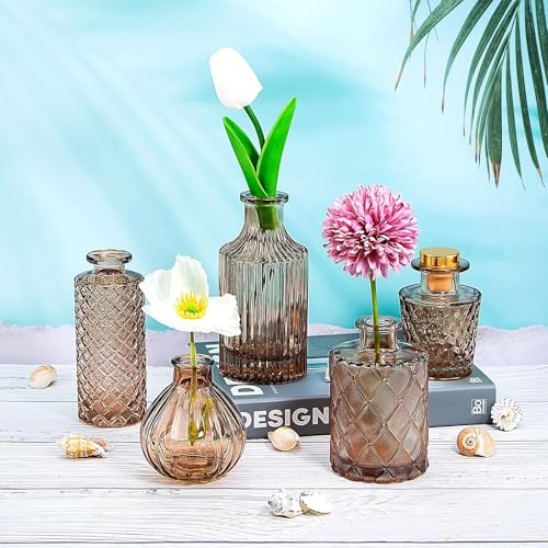 Image of TIED RIBBONS Glass Bud Vases for Flowers - Pack of 10 Amber Antique Glass Centrepiece for Mini Flowers- Antique Collections for Floral Arrangements Home Decorations Item for Home Decor