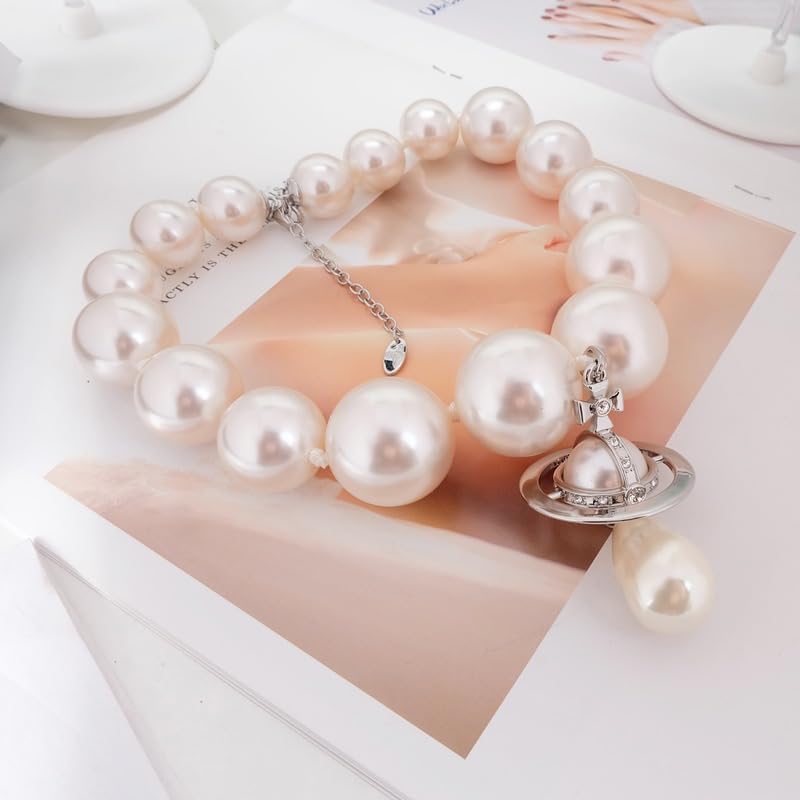 Pearl Necklaces of Saturn for Women - Punk Pearl Chain Saturn Pendant Necklace(Silver)