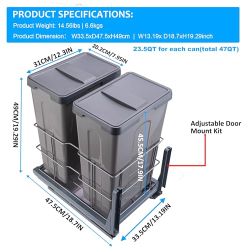 Caneca de basura doble extraíble bajo gabinete 47Qt miniatura 4