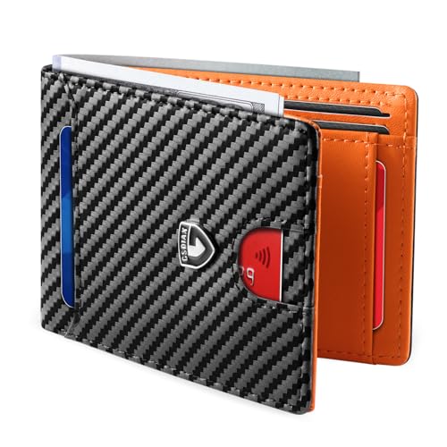 Image of GSOIAX Mens Slim Wallet RFID Blocking Bifold Carbon Fiber Thin wallets for men Minimalist Genuine Leather Card Holder Money Clip with Gift Box (Carbon Black and Orange)
