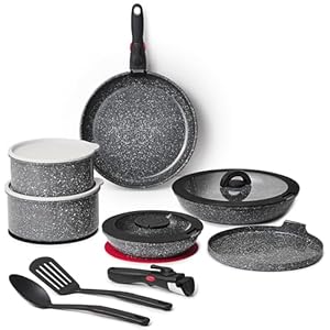 ROSSETTO 16pcs Pots and Pans set Non Stick from France, Ceramic Cookware Set with Removable Handle, Induction RV Kitchen Cookware Set, Stackable, PFOA and PFAS Free, Oven Safe, Black Granite