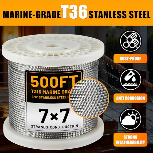AHEONLAR 500FT 1/8\" T316 Stainless Steel Cable for Railing,7x7 Wire Rope with Cutter,1850 lb Breaking Strength,Deck Stair Fence Hardware Kit for Indoor Outdoor Use,Silver - Thumbnail 2