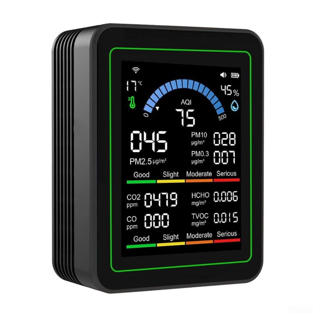 Monitor 10 in 1 della qualità dell'aria per WiFi con PM2.5, HCHO, rilevamento CO, termometro digitale e igrometro, schermo TFT da 2,8 pollici, ricarica Type-C (nero)