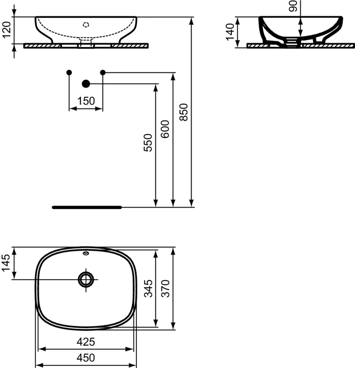 Ideal Standard - i.life B umywalka prostokątna 45 cm z otworem przelewowym i bez otworu na armaturę, biała