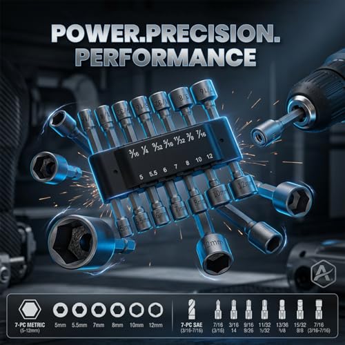 Image of 14 Piece Power Nut Driver Drill Bit Socket Wrench Tool Set | 35K Carbon Steel 1 /4 Inch Hex Shank Nut Driver Bits | Rustproof Wrench Adapter Kit for Drill Machine