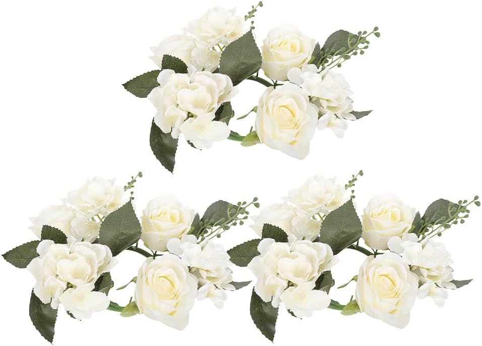 Alipis 3pcs Candle Rings Wreaths: Artificial Floral Rings Wedding Rose Candle Holders Garland with Green Leaves for Wedding Pillar Centerpiece Party Table