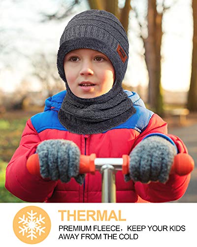 4 Sets Kids Winter Knitted Hats And Scarf Set Warm Knit Beanie Hat Fleece Lining Circle Scarf For 5-14 Years Boys Girls (Blue, Black, Red, Gray) #TOP5