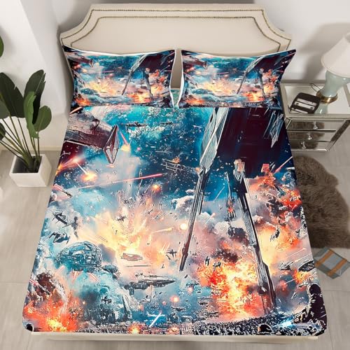 Space Universe War Fitted Sheets Full Size,Robots Soldier Bedding Sets 3Pcs,Spaceship Warship Aircraft Bed Sheet for Kids Boys Teens Room Decor,Men 3D Cool Modern Deep Pocket Sheet,2 Pillowcases