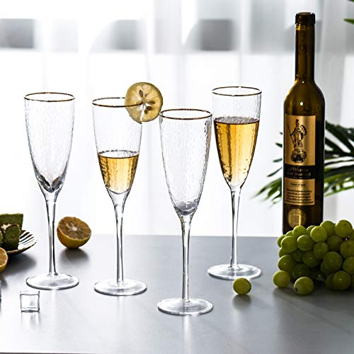Everest Global Gold Rim Hammered Champagne Flutes Set Of 4, 8.0 Oz Home Use Novelty Glasses Vintage Old Fashion Any Occasion #TOP1