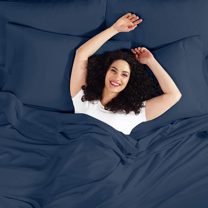 Image of BEVI - Home Premium Solid Plain Single Bedsheet with 1 Pillow Cover 300 TC Microfiber for Single Bed | Size (60 inch x 90 inch) Navy Blue