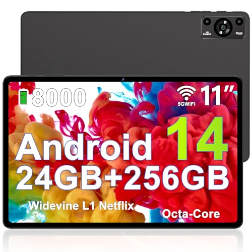 ZIOVO 2025 Neuest Tablet 11 Zoll Android 14 mit 24GB RAM+256GB ROM/TF 1TB, Octa-Core 2.0 GHz, GMS, 8000mAh, Widevine L1, 5MP+13MP, 5G WLAN, BT 5.0, Face ID, GPS, Tablet mit Case - Schwarz