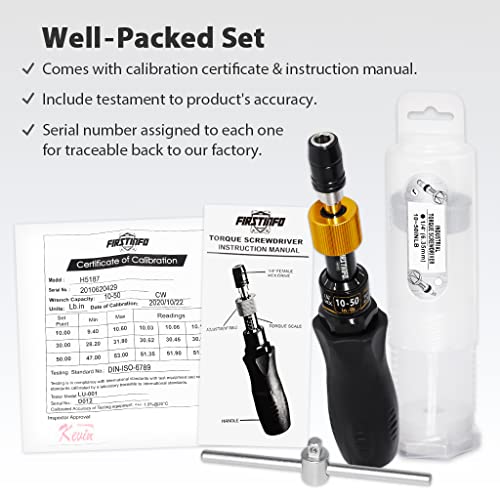 Image of FIRSTINFO H5187 Precision Certified Limited Torque Screwdriver 10-50 in-lbs with 1 /4 Inch Universal Hex Bit Holder Quick Release Design and Extra T-Handle