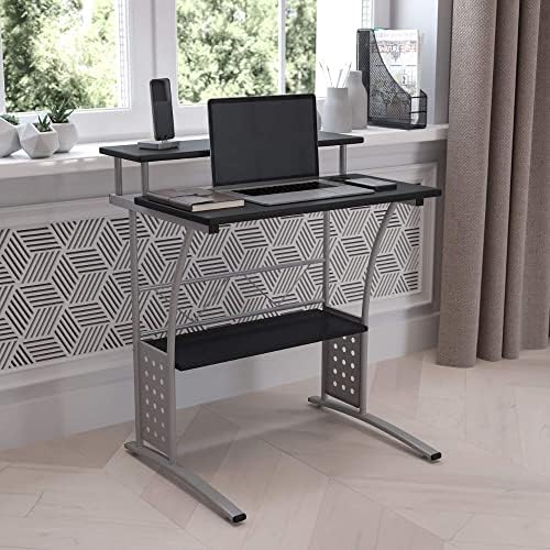 Flash Furniture Computer Desk, Office Desk with Black Laminate Top, Sturdy and Compact Home Office Desk with Silver Frame and Storage Shelf,59.69 x 71.12 x 83.82 cm