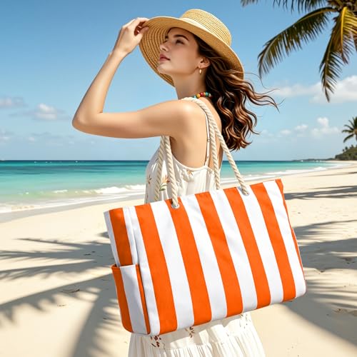 Image of Becokan Women's Pool Swim Bag - Waterproof Sandproof Large Stripe Beach Tote with Zipper