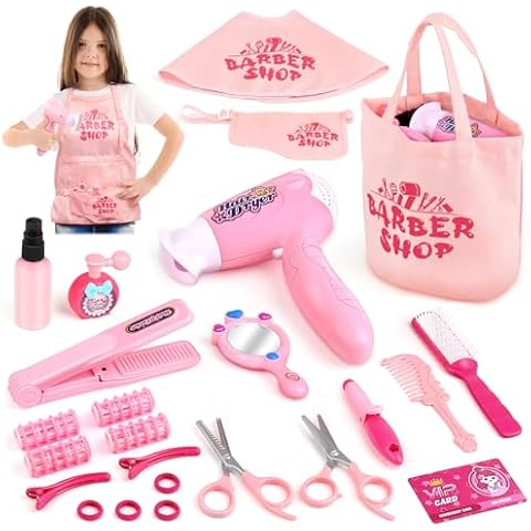 Sanlebi Hair Salon Toys for Girls, 25 Pcs Pretend Play Hair Styling Toy Set for Kids 3-6 with Hair Dryer, Barber Scissors and Stylist Accessories, Christmas & Birthday Gift for Girls Cover