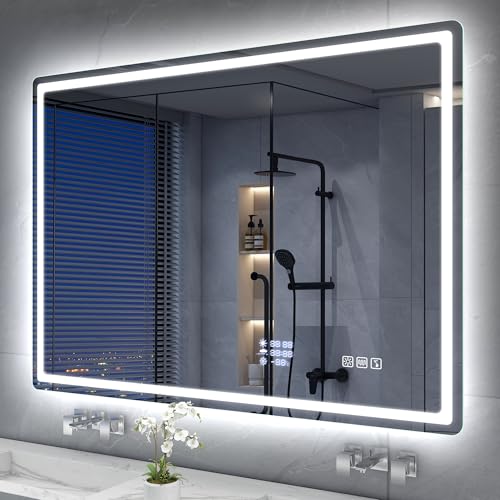 S'bagno Bluetooth Bathroom Mirror with Lighting, 100 x 70 cm, LED Bathroom Mirror with Anti-Fog and Clock, 3000 K - 6500 K, Dimmable, Memory, IP44 WiFi Bathroom Mirror with Date and Weather