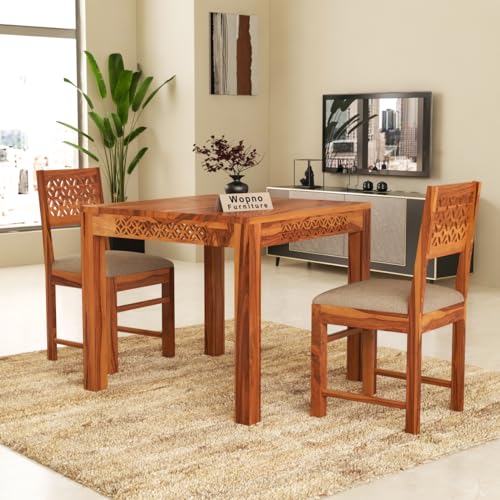 Image of Solid Sheesham Wood 2 Seater Dining Table Set with Cushioned Chairs for Dining Room | Living Room | Home & Office | Hotels Restaurant & Cafe (Honey, 2 Seater)