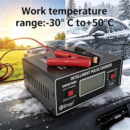 Etrogo Ładowarka do akumulatora samochodowego, inteligentna ładowarka pulsacyjna 6 V/8 V/12 V/14 V/16 V/24 V 250 W 10 A z automatycznym wykrywaniem, naprawą, funkcją konserwacji