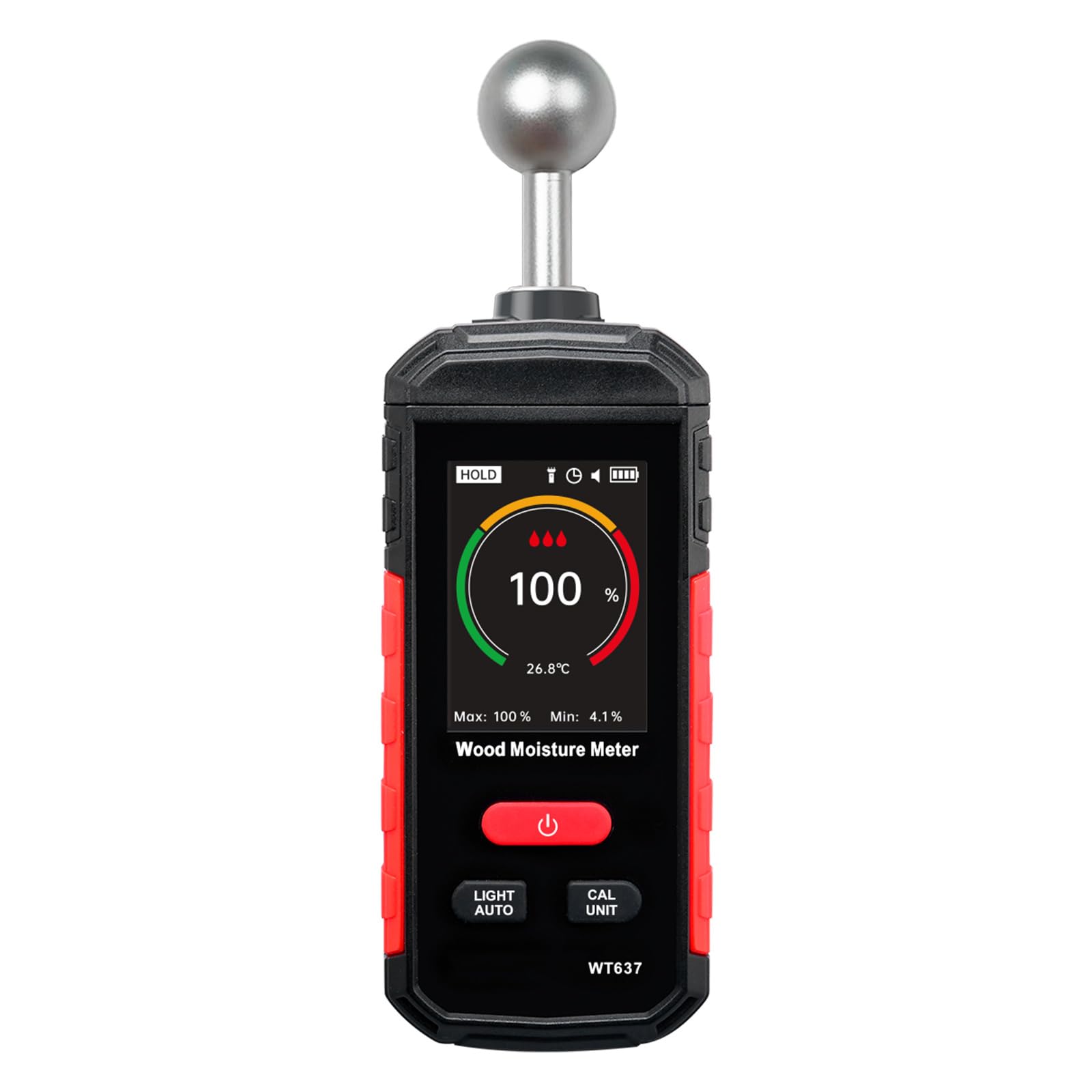 Medidor de madera recargable con sonda de bolas, alarmas ajustables y pantalla de temperatura para materiales de construcción, probador de suelo de pared