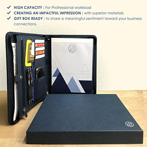 Unimira Grand Ipad 12.9 (2019-2022) Zippered Leather Portfolio Padfolio, Navy Blue, Business Case Organizer For Ipad 12.9, Letter Notepad Binder, Men And Women, Corporate Gift #TOP3